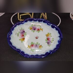Vintage Porcelain Trinket Dish Plate Hand Painted Flowers Cobalt Border Gilt